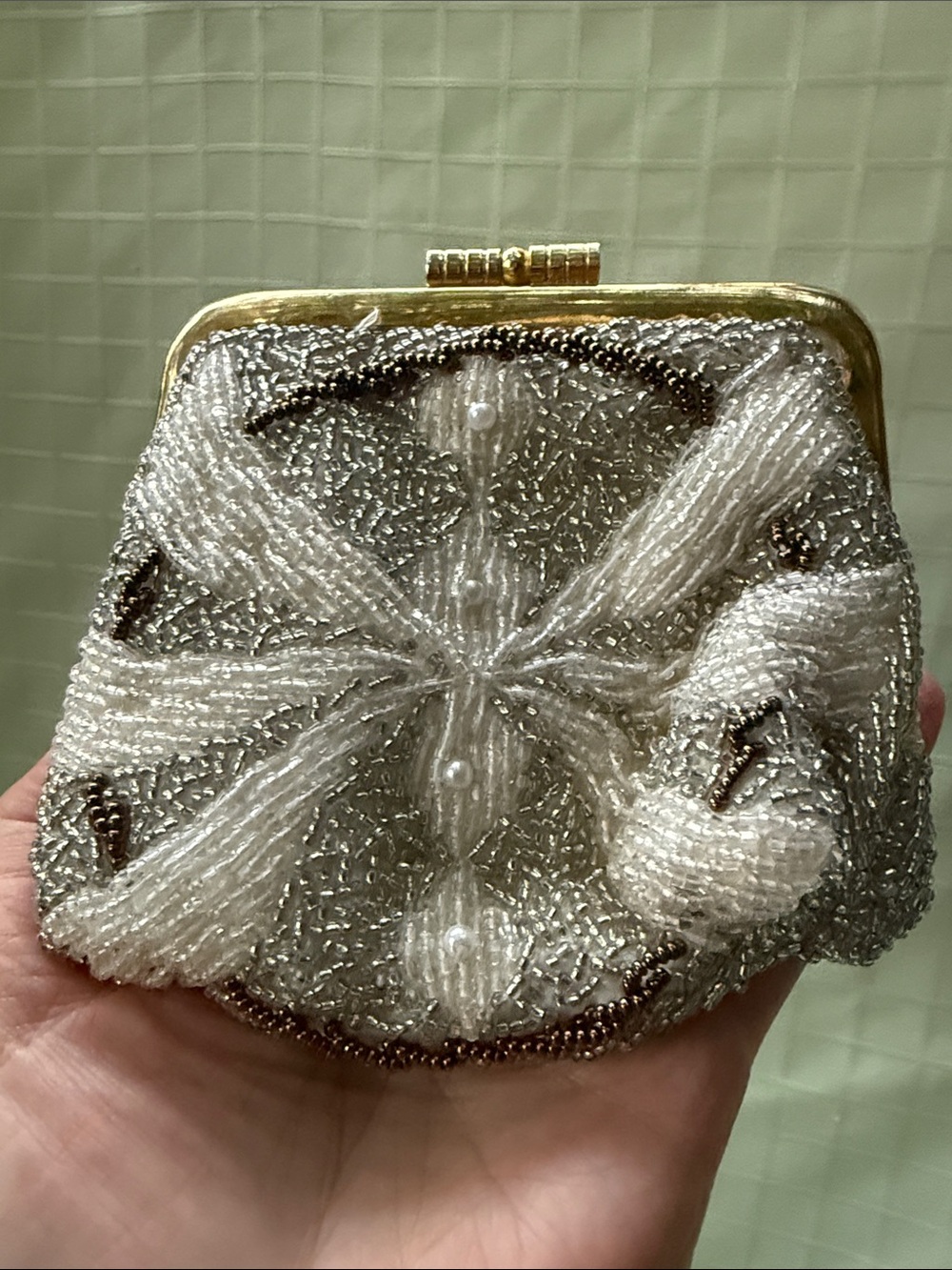 Vintage Pearl & Seed-Bead Evening Clutch in Ivory with Gold Frame